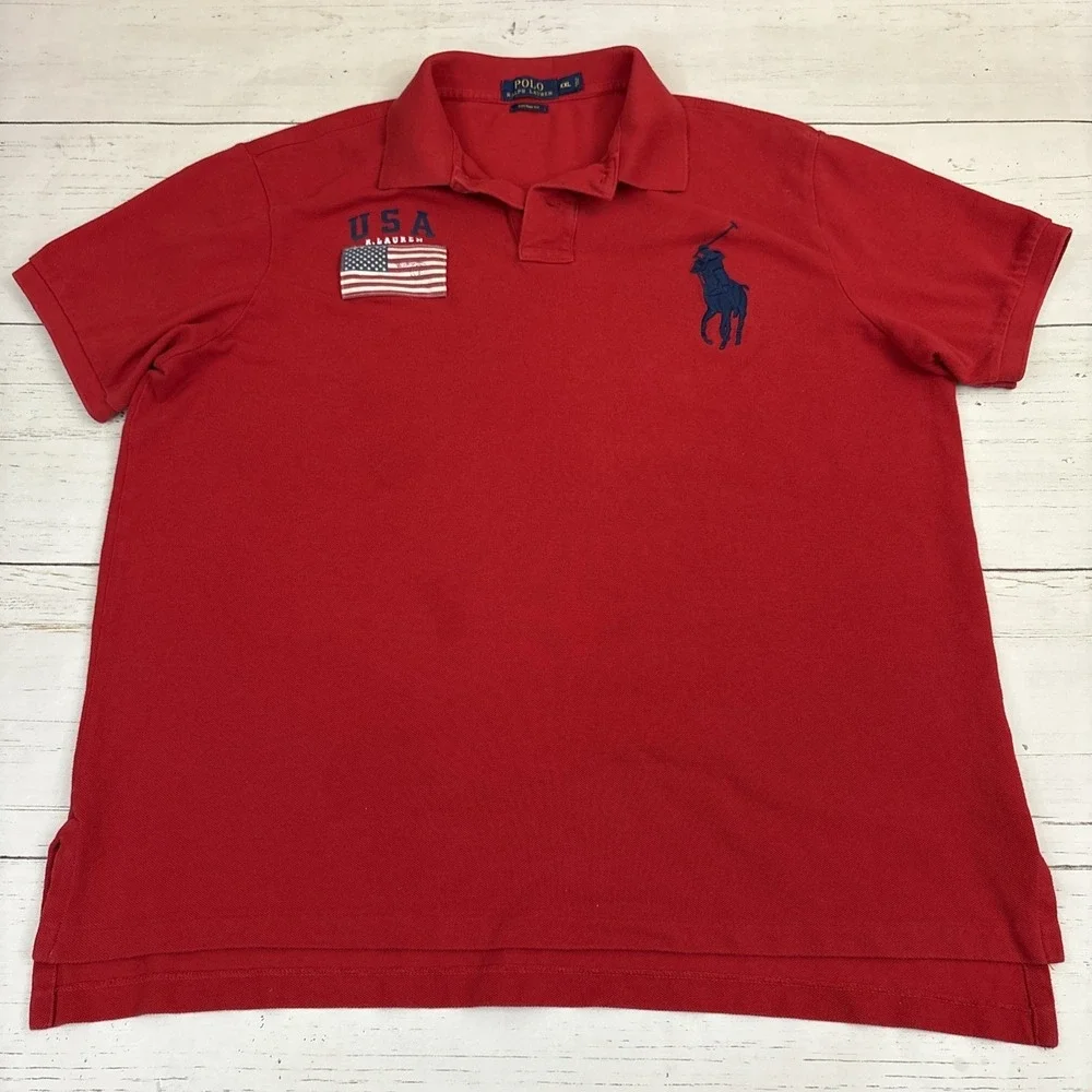Polo Ralph Lauren Custom Fit Big Pony Polo Shirt Mens 2XL Red Flag Logo